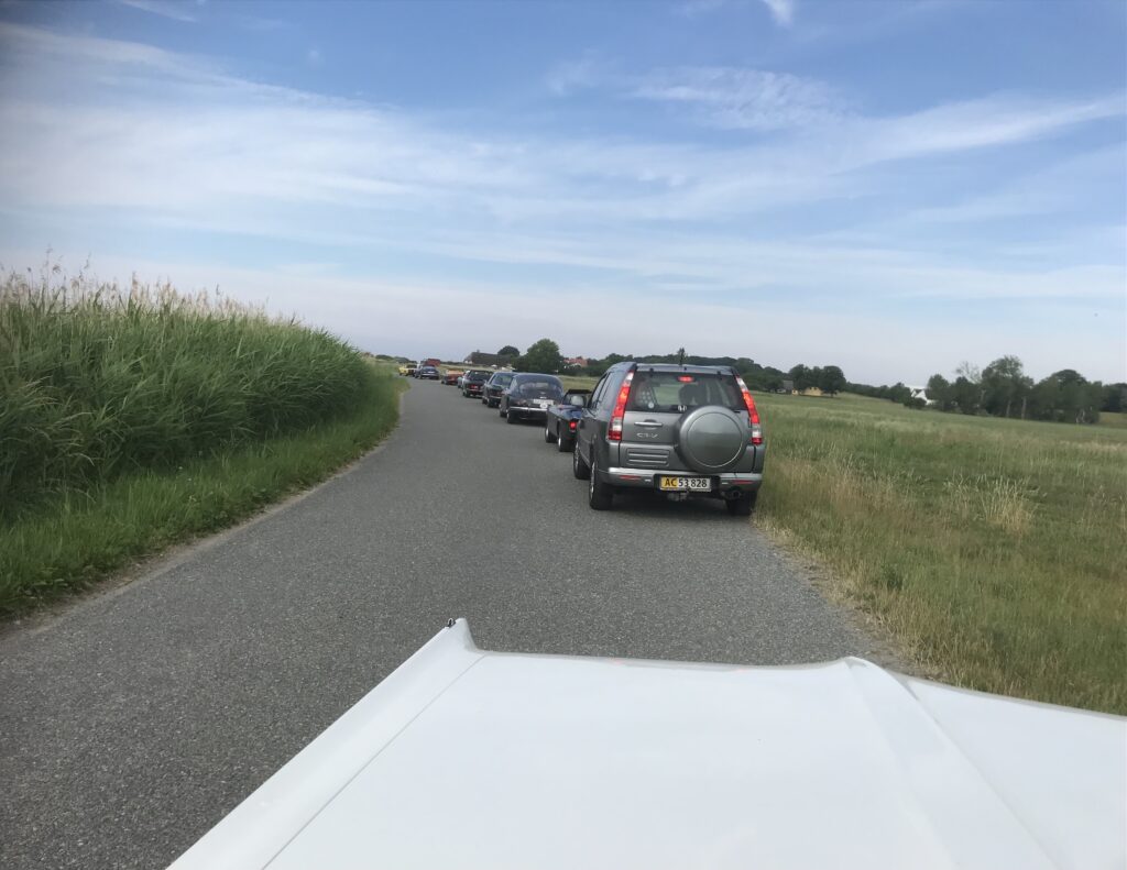 Jensen Cars on tour, heading for the town of Fjællebroen, Funen, Denmark